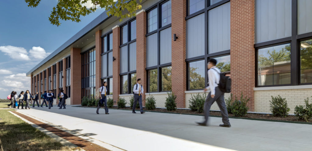 students walk outside